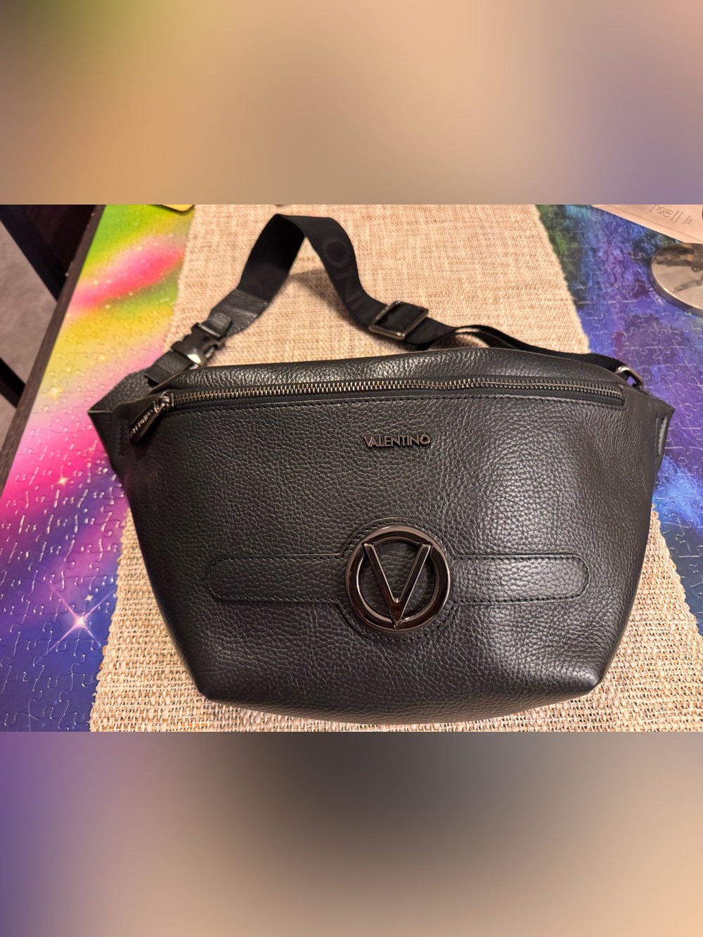 Valentino Black Pebbled Leather V-Logo Belt Bag